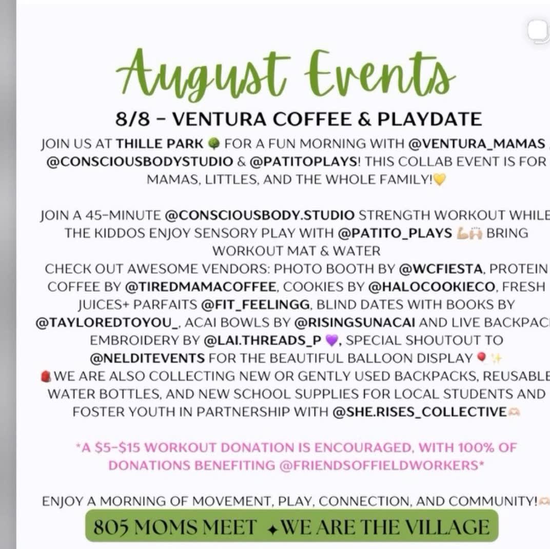 805 Moms Meet August events post announcing the Ventura Coffee & Playdate collecting supplies for the drive.
