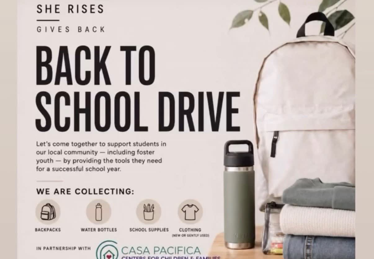 She Rises Gives Back — Back to School Drive flyer with a backpack, water bottle, and folded clothes.