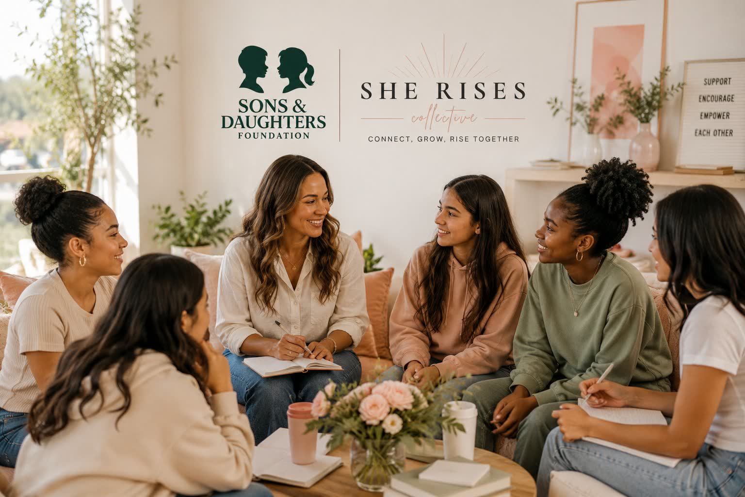 Women and young women in conversation at a cozy gathering, beneath the Sons & Daughters Foundation and She Rises Collective logos.