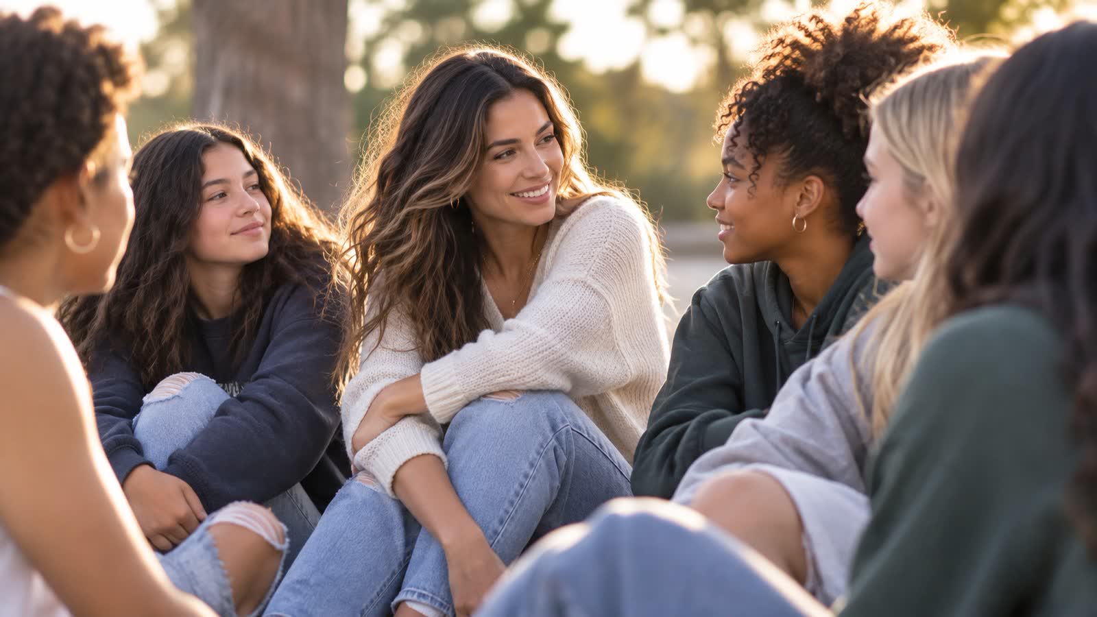 A group of young women sitting together outdoors in warm evening light, talking and smiling.
