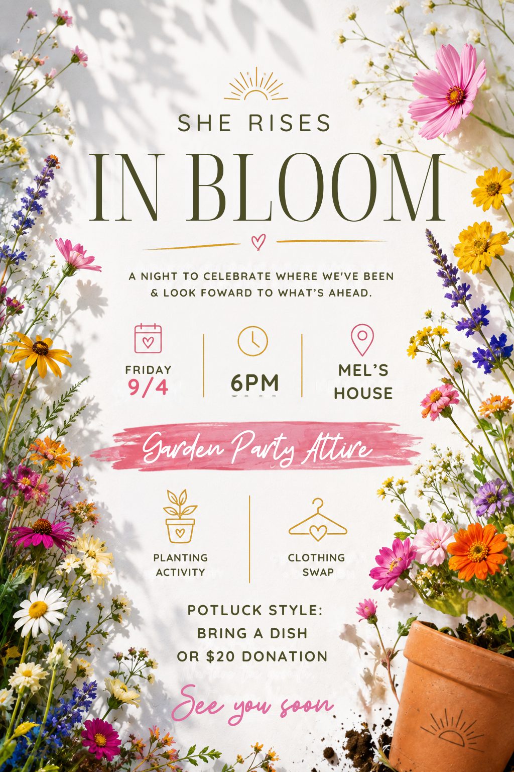 She Rises in Bloom invitation: Friday, September 4 at 6 PM. Garden party attire, planting activity, clothing swap, potluck style.