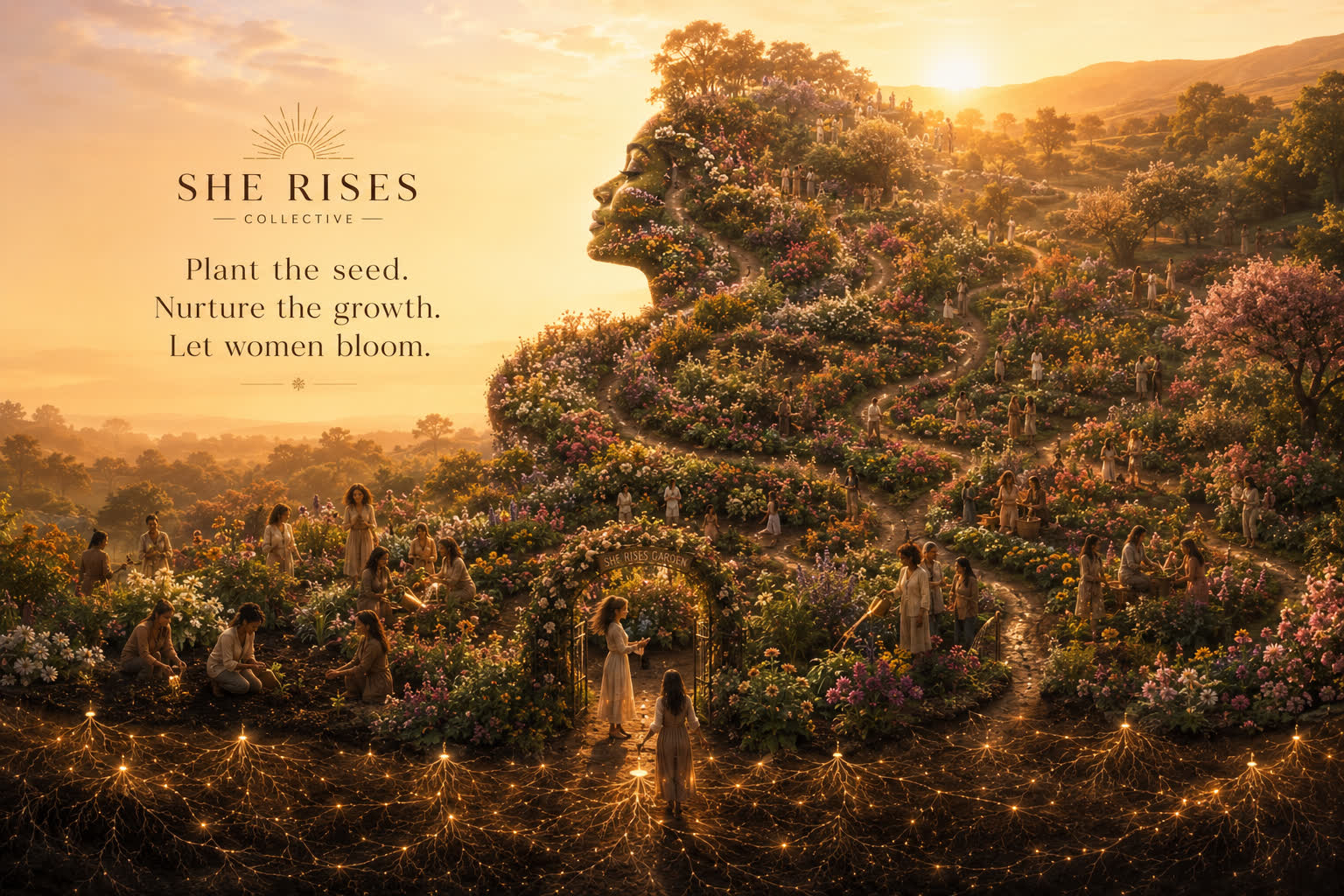 She Rises Collective artwork: a hillside garden in golden light shaped like a woman&rsquo;s profile, with dozens of women tending flowers along winding paths and glowing roots spreading beneath the soil. The lettering reads: Plant the seed. Nurture the growth. Let women bloom.